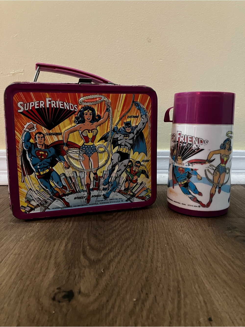 Super Friends Vintage-Style Purple Lunchbox and Thermos Set